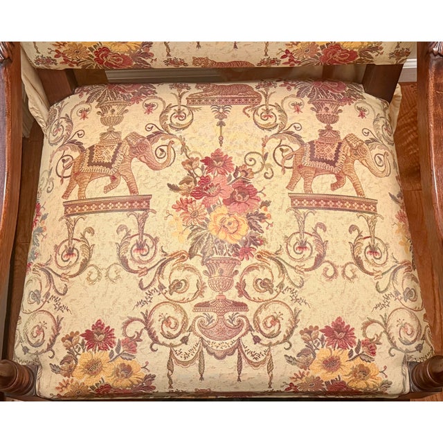Antique Louis XIII Style Brown Walnut Tiger and Elephant Tapestry Armchairs - A Pair For Sale - Image 14 of 16
