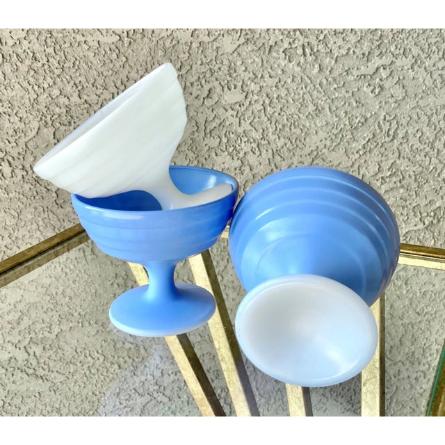 Circa 1940 Hazel Atlas Pastel Moderntone Blue & White Platonite Pedestal Sherbet Cups - Set of 3 For Sale In Austin - Image 6 of 13