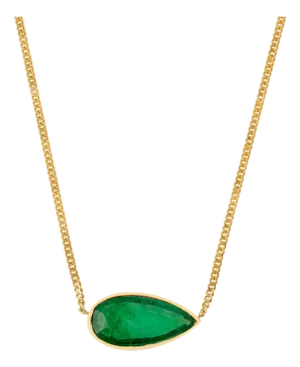 18k 6.6 Ct East West Emerald Teardrop Bezel Necklace With 18 Inch Curb Gold Chain