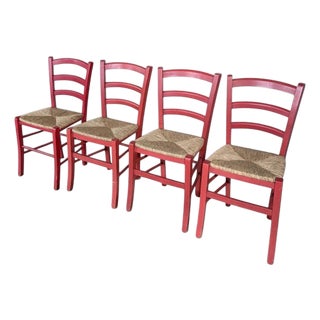 Italian Red Oak Ladder-Back Dining Chairs with Woven Rush Seats, Set of 4 For Sale