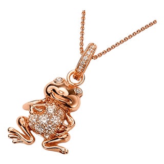 Late 20th Century 14K Pink Rose Gold Designer Diamond Toad Frog Whimsical Pendant Necklace For Sale