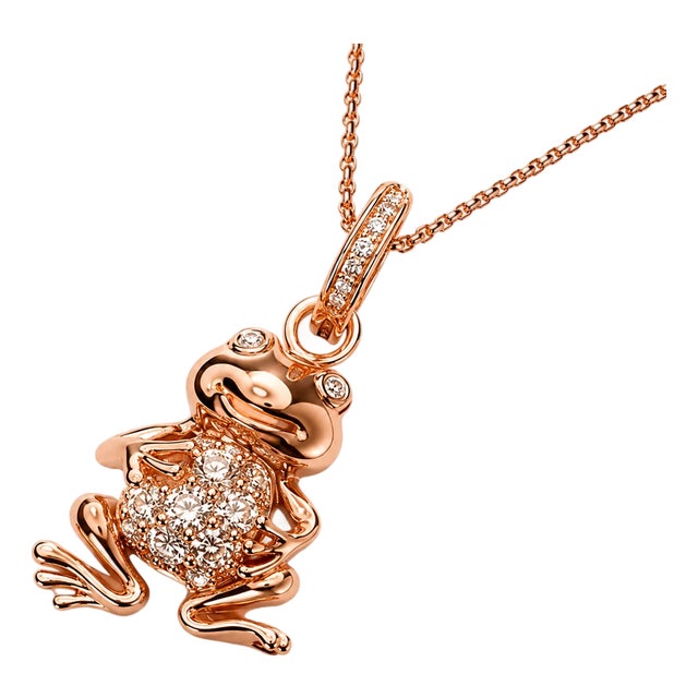 Late 20th Century 14K Pink Rose Gold Designer Diamond Toad Frog Whimsical Pendant Necklace For Sale