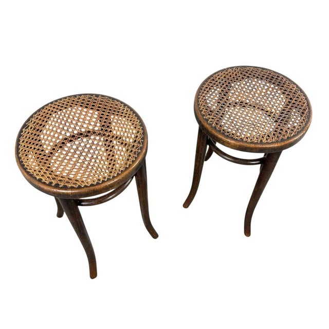 Antique Bentwood Stools with Cane Seats by Michael Thonet, 1890s, Set of 2 For Sale - Image 3 of 9