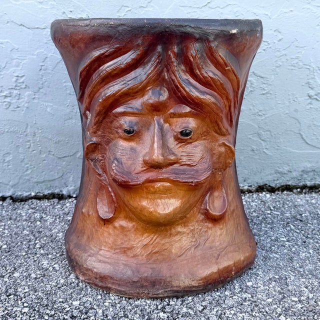 This vintage folk art paper mache side table doubles as a stool and makes a bold sculptural statement. Its hourglass drum...