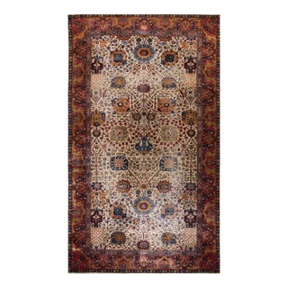 1900s Ivory Floral Traditional Antique Indian Lahore Rug 11' X 18'10'' Handknotted Wool Carpet For Sale