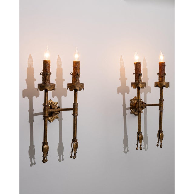 19th Century France Gothic Gold Metal Candle Sconces For Sale - Image 9 of 11