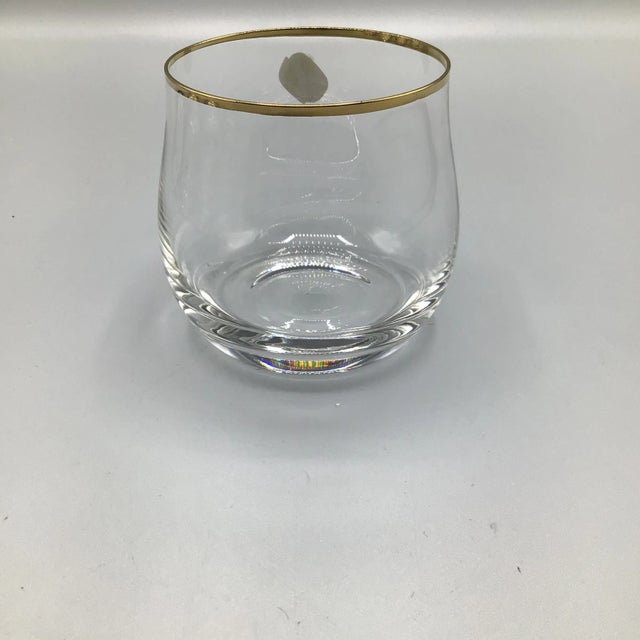 1980s Bohemian Crystalex Geneve Old Fashion Gold Rim Whiskey/Scotch/Bourbon Glasses With Pressed Teak Tray-Set of 13 For Sale - Image 5 of 13