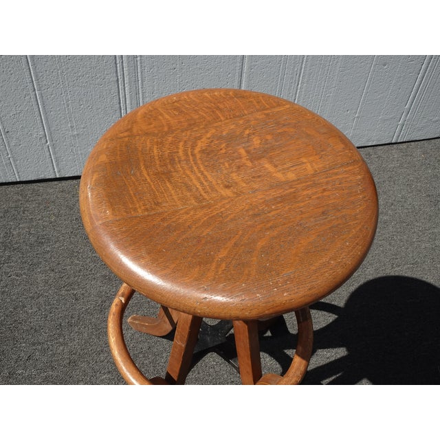 Antique Industrial Adjustable Swivel Oak Drafting Stool Barstool 1of3 ~ # 3 For Sale - Image 9 of 18