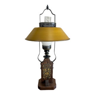 Vintage French Country Yellow Scrolling Table Lamp With Tole Lampshade For Sale