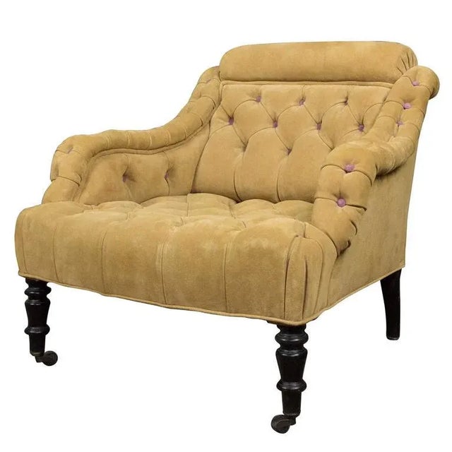 French 19th Century Tufted Suede Armchair With Purple Buttons For Sale - Image 11 of 11