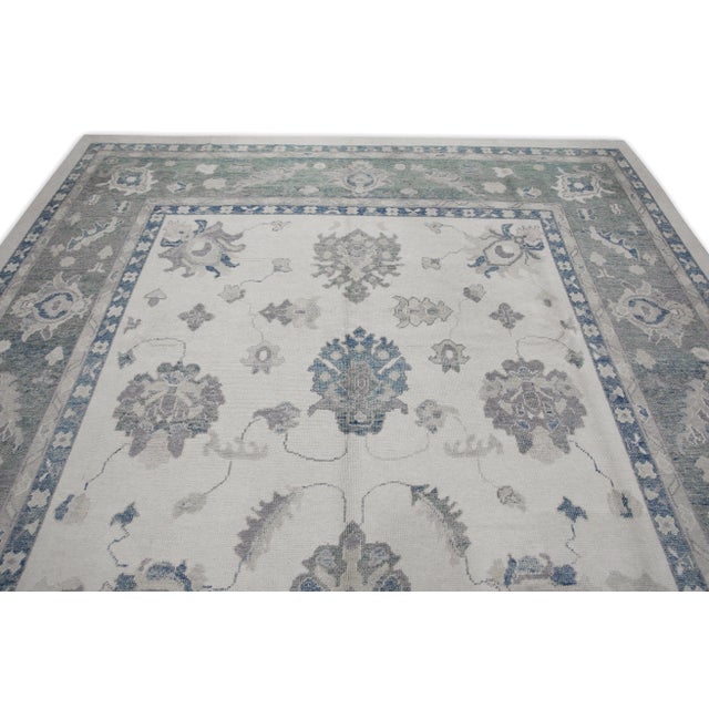Early 21st Century Blue & Green Floral Design Handwoven Wool Turkish Oushak Rug 9'6" X 13'10" For Sale - Image 4 of 8