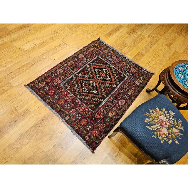 Mid 20th Century Vintage Afghan Baluch Tribal Area Rug in a Near-Square Size in Red, Blue, Brown For Sale - Image 5 of 17