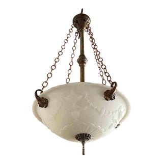 Antique Chandelier With Etched Glass and Bronze Shade For Sale