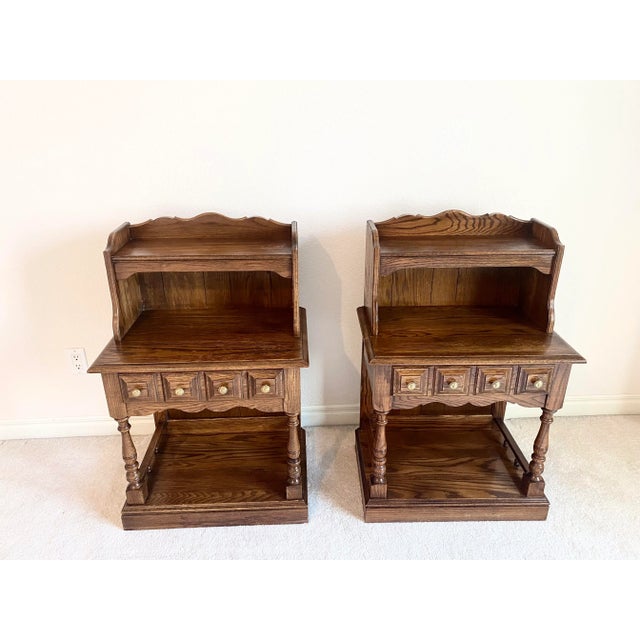Late 20th Century Pennsylvania House Pair of Unique Tiered Solid Oak Nightstands American Traditional With Colonial Style Excellent Condition For Sale - Image 15 of 16