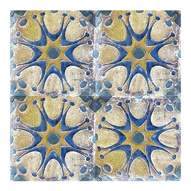 Reclaimed 1920's Early-California tile. 6" x 6" yellow, blue, and green starurst deco tile. Reclaimed from one of Coronado...