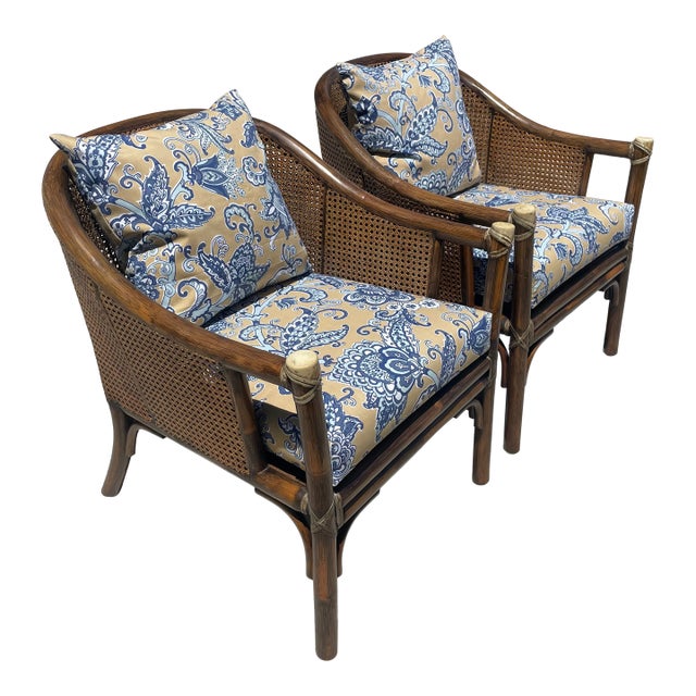 Authentic McGuire Vintage Rattan Barrel Back Lounge Chair Pair For Sale