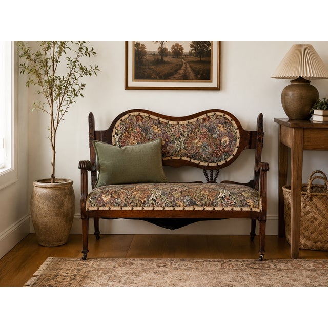 Antique Oak Arts & Crafts Settee / Loveseat Beautiful antique solid oak settee featuring carved details, decorative brass...