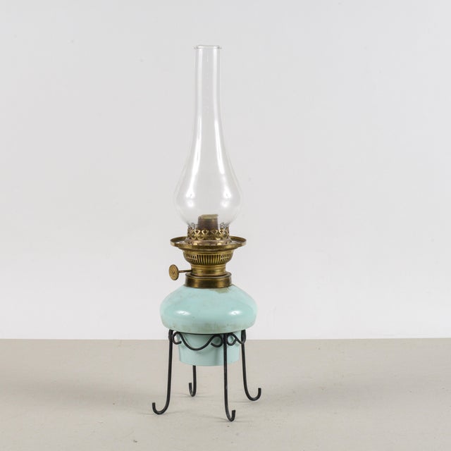 1920s Opaline Glass Oil Lamp with Metal Base, Early 20th Century For Sale - Image 5 of 9