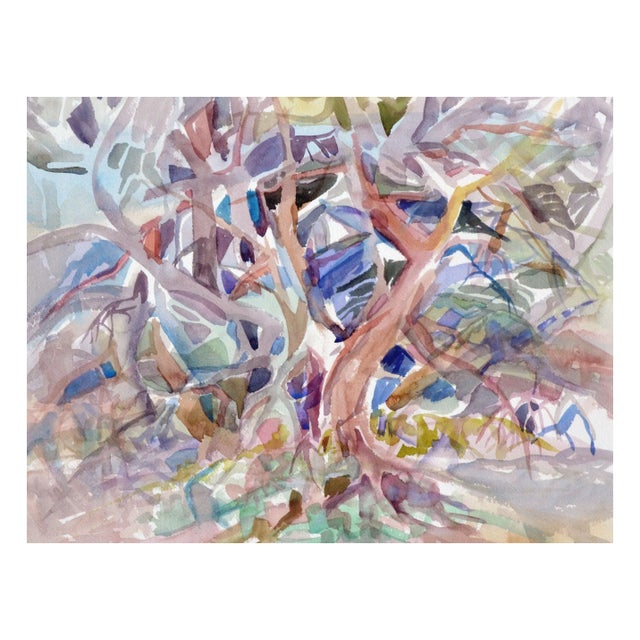 Gorgeous abstracted forest by Aptos, California artist Virginia J. Hughins (American, 1923-2004), circa 1970. Unsigned and...