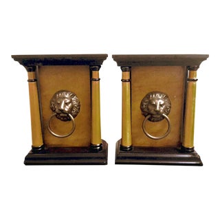 Empire Style Architectural Themed Wooden Bookends With Metal Lions Head Hardware - a Pair For Sale