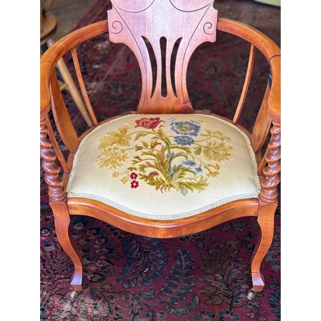 Antique Victorian Armchair With Floral Embroidered Upholstered Seat For Sale In Saint Louis - Image 6 of 7