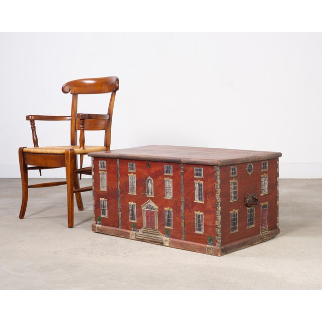 Charming folk art 19th-century country English pine blanket chest or box featuring a Georgian manor house facade on the...