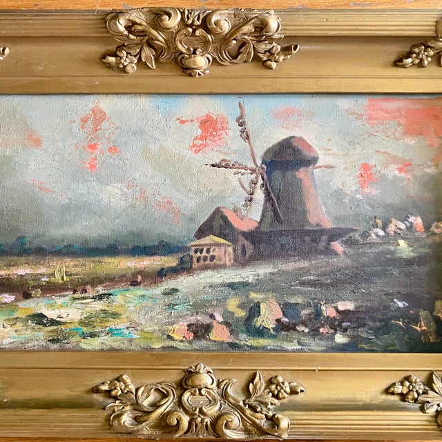 1910s Antique Gold Ornate Frame With Oil on Canvas "Windmill at Dusk" For Sale - Image 5 of 10