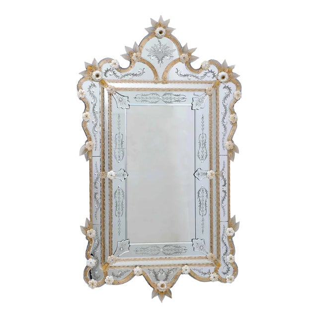Venetian Mirror in Murano Glass with Golden Flowers, 1980 For Sale