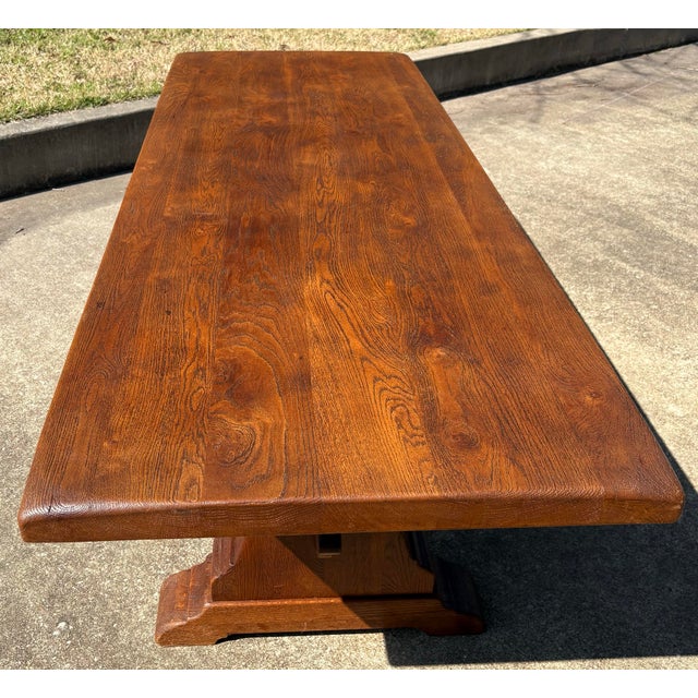 Vintage Solid Plank Trestle Oak Farm Dining Table For Sale In Dallas - Image 6 of 12