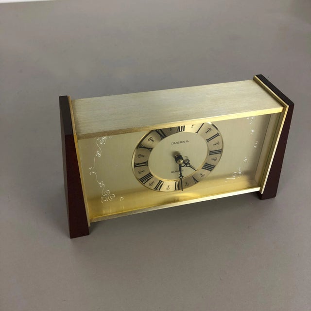Vintage Modernist Wooden Teak Brass Table Clock from Dugena, Germany, 1960s For Sale - Image 4 of 16