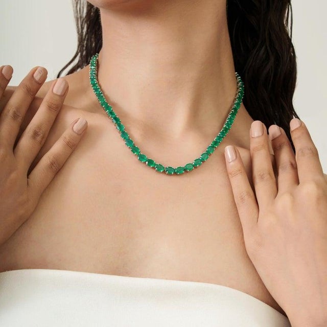 40.36 CTW Natural Green Onyx Tennis Necklace in Silver for Her For Sale - Image 4 of 12