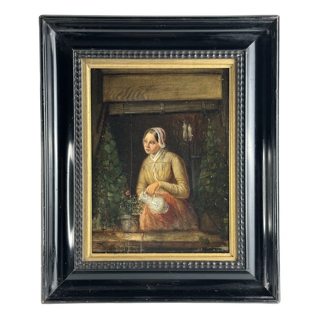 Girl by the Window with Delft Jug, 1750, Oil & Wood For Sale
