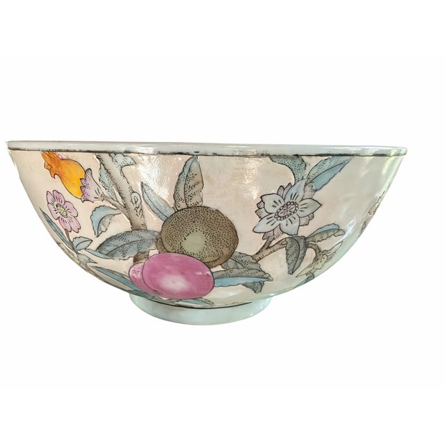 Chinese Vintage Chinese Porcelain Fruit & Floral Bowl | Hand-Painted Famille Rose Style Centerpiece Bowl For Sale - Image 3 of 10
