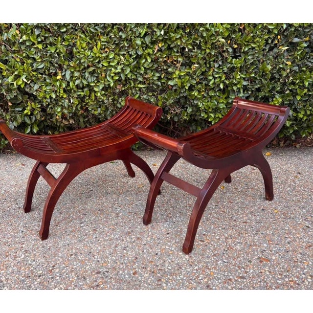 Burnt Umber Vintage Wood Slatted Mission-Style Curved Asian Benches With Rosewood Finish, a Pair For Sale - Image 8 of 8