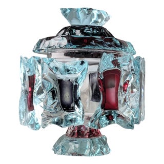 Brutalist Cut Glass Candy Dish with Lid and Colored Inserts, 1970s For Sale
