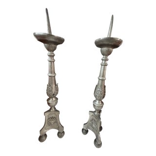 Late 19th Century Pair of Monumental Pewter Candlesticks With Eye of Providence Motif, 26” For Sale