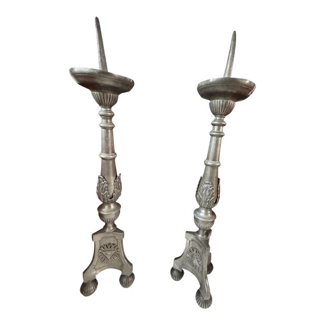 Late 19th Century Pair of Monumental Pewter Candlesticks With Eye of Providence Motif, 26” For Sale