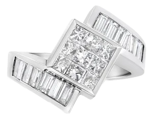 14K White Gold 2 1/5 Cttw Invisible-Set Princess and Channel-Set Baguette Diamond Bypass Kite-Set Ring (G-H Color, VS2-SI1 Clarity) - Size 6.5