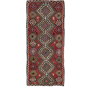 Vintage Kilim Handmade Flatweave Tribal Motif Red Wool Runner