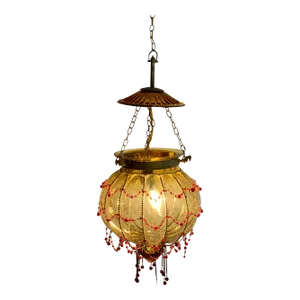 Vintage Caged Glass Brass Pendant Lamp