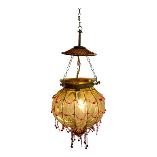 Vintage Caged Glass Brass With Beading Pendant Lamp For Sale
