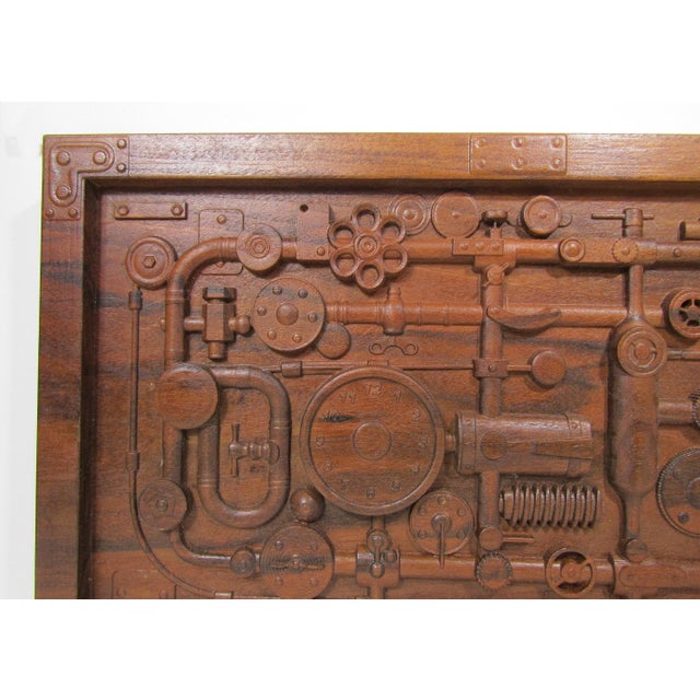 Steampunk Industrial Pipes & Gears Carved Wood Relief Wall Panel 20"x12" For Sale In Austin - Image 6 of 10