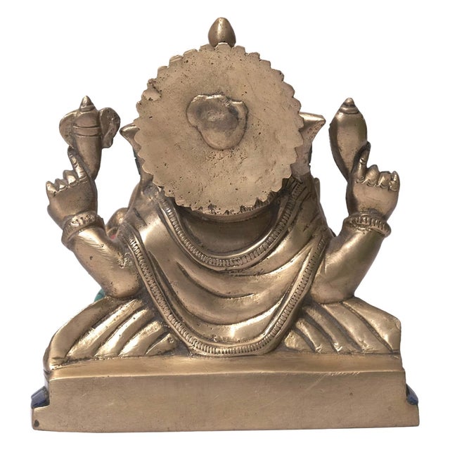 Metal Brass Ganesha Statue With Turquoise Inlay | 7 Inch Hindu Ganpati Idol for Home Altar | Colorful Indian Deity Art | Unique Housewarming Gift For Sale - Image 7 of 7