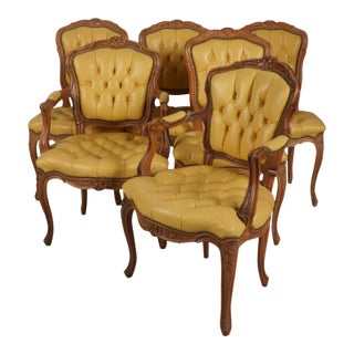 Set of 4 French Provincial Style Tufted Yellow Leather Arm Chair Fauteuils For Sale