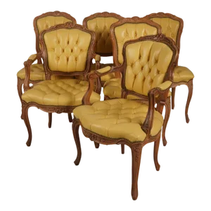 Set of 4 French Provincial Style Tufted Yellow Leather Arm Chair Fauteuils