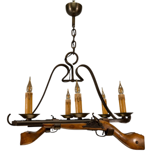 French Rustic Lodge Style Wrought Iron Six-Light Chandelier, 1970s