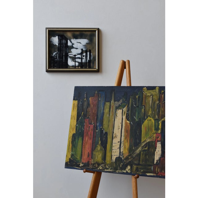 Vintage Abstract Cityscape Enamel Artwork by Felicia Liban, Circa 1970s-80s. Enameled copper panel with an abstract...