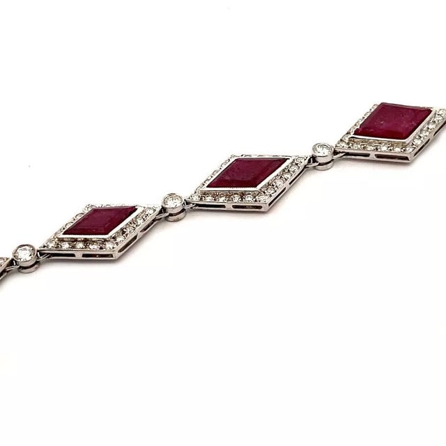Metal Diamond Gemstone Bracelet 14k White Gold Rhombus Link Vintage For Sale - Image 7 of 8