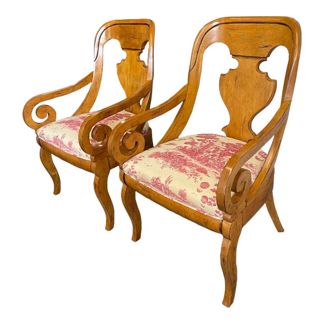Vintage Biedermeier Style Upholstered Arm Chairs by Drexel Heritage - a Pair For Sale