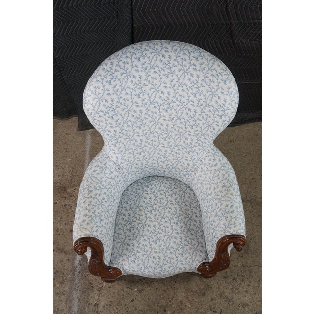 Antique Victorian Carved Walnut Spoon-Back Blue Floral Salon Armchair C. 1880s For Sale - Image 12 of 18